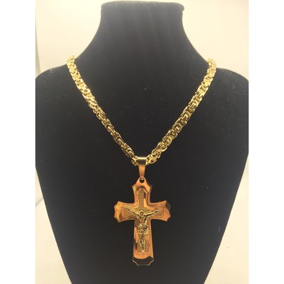 Stainless Steel Crucifix Gold Plate 26" Chain