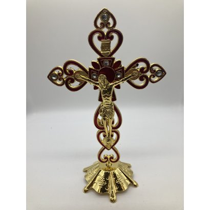 8"Gold & Red Crucifix, w/ Standing Base, Jewelry Decoration & Heart Details.