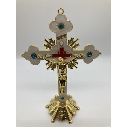 8" Standing Crucifix Ornate Gold Finish with White Enamel & Jewels
