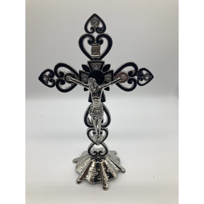 8" Silver & Black Crucifix, w/ Standing Base, Jewelry Decoration & Heart Details.