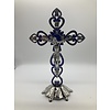 8" Silver & Blue Crucifix, w/ Standing Base, Jewelry Decoration & Heart Details.