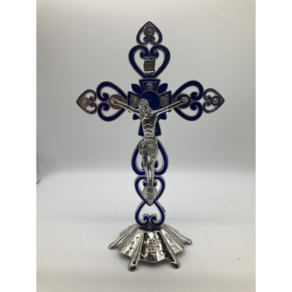 8" Silver & Blue Crucifix, w/ Standing Base, Jewelry Decoration & Heart Details.