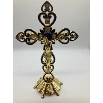 8" Gold & Black Crucifix, W/ Standing Base, Jewelry Decorations & Heart Details.