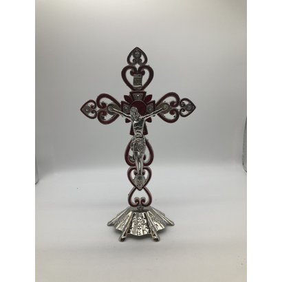 8" Standing Crucifix Ornate Silver & Red with Jewel.