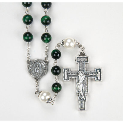 Green Tiger Eye, 8mm With 10mm Kit Capped Pearl Our Father Bead Rosary