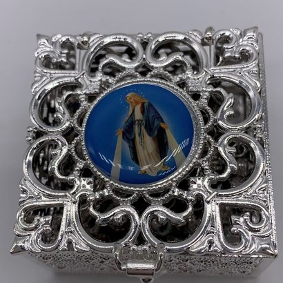 Stainless Steel Silver Finish Filigree Rosary Box-Fatima