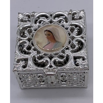 Our Lady of Grace Stainless Steel Silver Finish Filigree Rosary Box