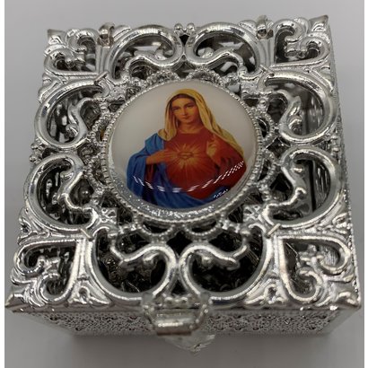 Stainless Steel Silver Finish Filigree Rosary Box-Immaculate Heart Of Mary