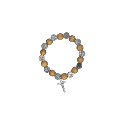 Benedict Natural Wood Bead Stretch Rosary Bracelet