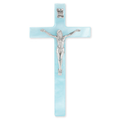 Pearlized Blue Crucifix with Pewter Corpus, 7"