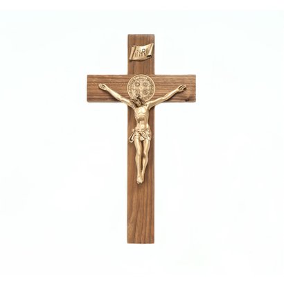 St. Benedict 12" Crucifix- Walnut with Antique Gold Corpus