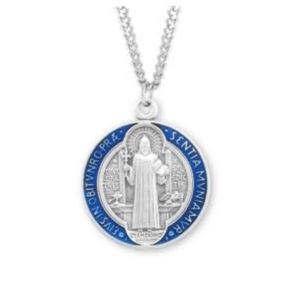 Saint Benedict Round Blue and Red Enameled Silver Medal Jubilee Sterling , 24" Chain