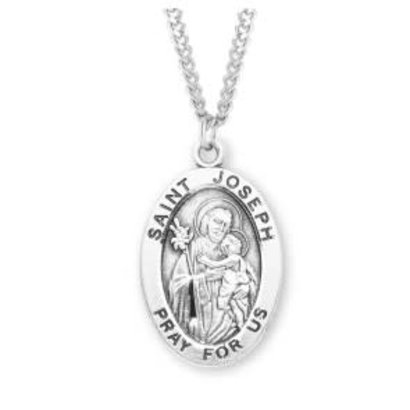 Patron Saint Joseph Large Oval Sterling Silver Medal, 24" Genuine rhodium plated endless curb chain.