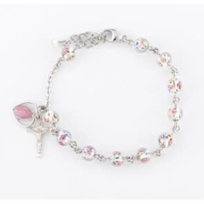 Rosary Bracelet, 6mm Murano Venetian Glass Crystal Flower Sterling Silver