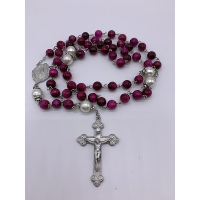 Fuchsia Dyed 8mm Marblehead Glass Rosary with Pewter Center and Crucifix