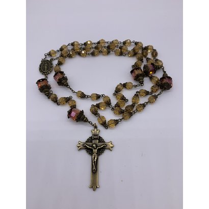 Topaz Toned 8mm Faceted Glass Glass Tulip Capped Rosary 27"with Antique Brass Crucifix