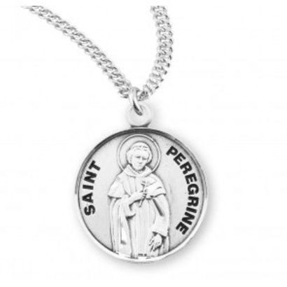 Saint Peregrine Round Sterling Silver Medal, 20" Genuine rhodium plated curb chain