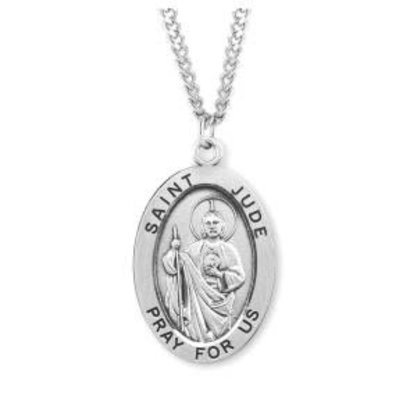 Saint Jude Round Sterling Silver Medal, 24" Genuine rhodium plated endless curb chain