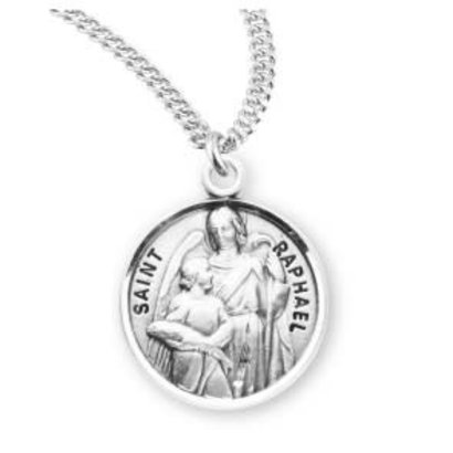Patron Saint Raphael Round Sterling Silver Medal, 20" Genuine rhodium plated curb chain