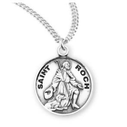 Patron Saint Roch Round Sterling Silver Medal , 20" Genuine rhodium plated curb chain