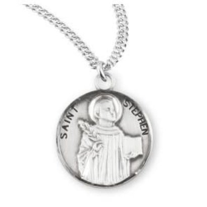 Patron Saint Stephen Round Sterling Silver Medal , 20" Genuine rhodium plated curb chain