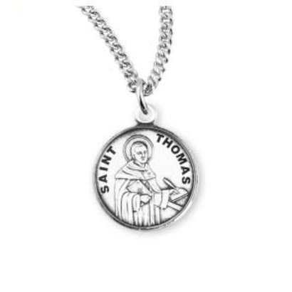 Patron Saint Thomas Aquinas Round Sterling Silver Medal,20" Genuine rhodium plated curb chain