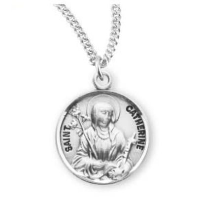 Patron Saint Round Sterling Catherine Silver Medal, 18" Genuine rhodium plated curb chain