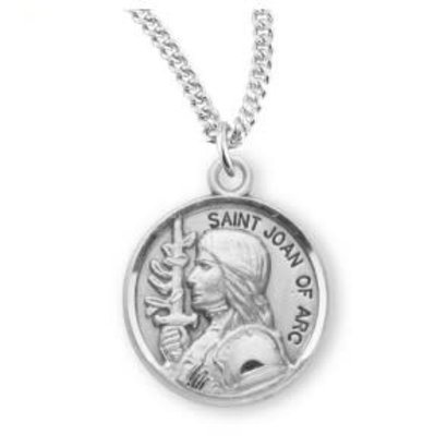 Patron Saint Joan of Arc Round Sterling Silver Medal, 18" Genuine rhodium plated fine curb chain