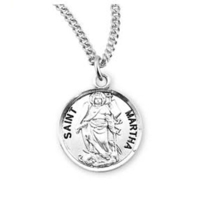 Patron Saint Martha Round Sterling Silver Medal18" Genuine rhodium plated fine curb chain