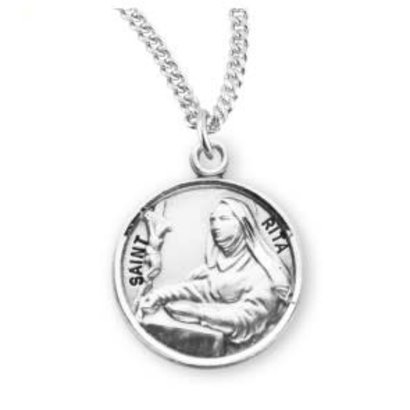 Patron Saint Rita Round Sterling Silver Medal, 18" Genuine rhodium plated fine curb chain