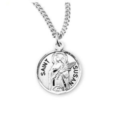 Patron Saint Susan Round Sterling Silver Medal, 18" Genuine rhodium plated fine curb chain.