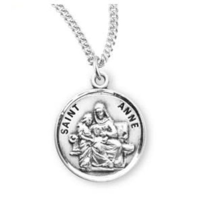 Patron Saint Round Sterling Anne Silver Medal, 18" Genuine rhodium plated curb chain