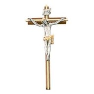 Walnut Finish 12" Wall Crucifix,  solid brass inlay and two-tone corpus and a pewter INRI sign