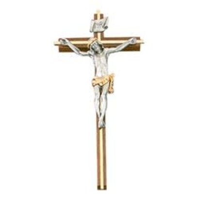 Walnut Finish 12" Wall Crucifix, solid brass inlay and two-tone corpus and a pewter INRI sign