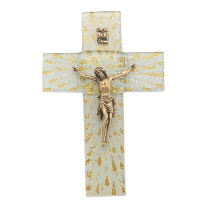 Gold & Silver Rays On White Glass 7" Cross With Gold Corpus.