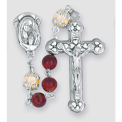 Garnet Swirl Glass, Capped Imitation Pearl Pater 6MM Beads and Silver Oxidized Center and Crucifix. 18"