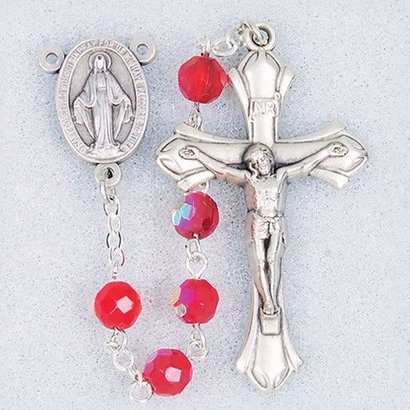20" July-Ruby Deluxe Birthstone Rosary, 6mm Tin Cut Aurora Borealis Glass Beads