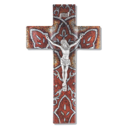 Burnt Orange 10" Glass Cross with Class Cathedral Glass Pattern and Pewter Corpus