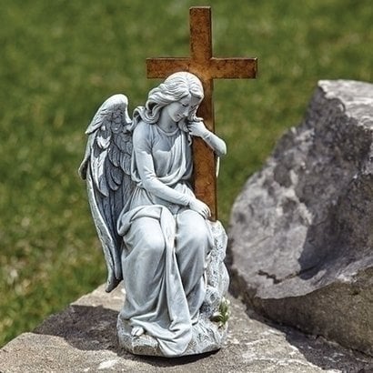 Angel with Cross Outdoor Statue, 13"