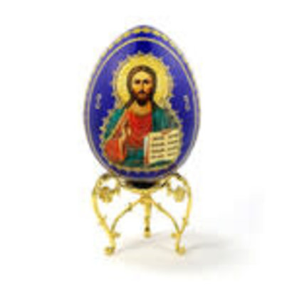 Christ The Teacher Cobalt Blue Wooden Russian Icon Egg With Gold Stand 5 1/2"