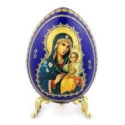 Virgin Mary Eternal Bloom, Blue Wooden Russian Icon Egg With Gold Stand 5 1/2"
