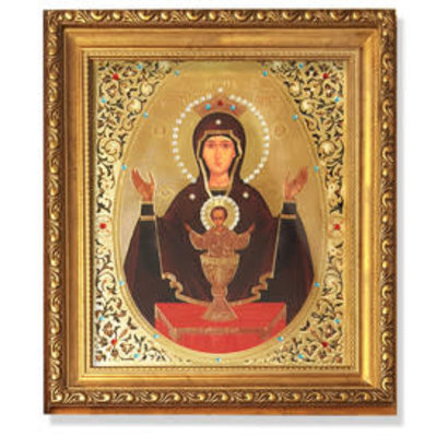 Virgin Mary Inexhaustible Cup Gold Framed Icon with Crystals and Glass 10"x9"