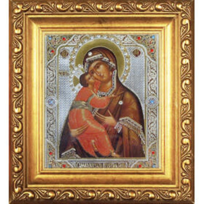 Virgin of Vladimir Gold Framed Icon With Glass & Crystals 6 1/4"x5 1/2"