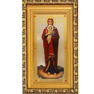 Virgin of Valaam Madonna and Child Russian Wooden Gold Framed Icon With Glass & Crystals 6 1/2"x4"