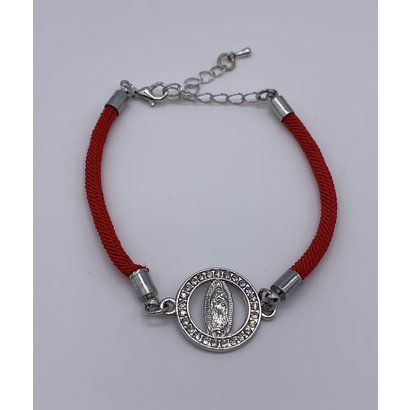 Elegant Guadalupe Bracelet with Silver Findings & Rhinestones on Delicate Red Wristlet