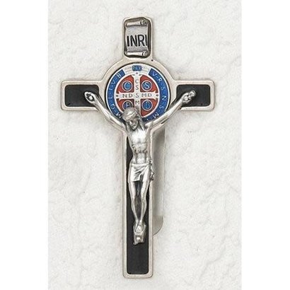 Saint Benedict - Silver Tone Crucifix - Visor Clip - Black Enamel