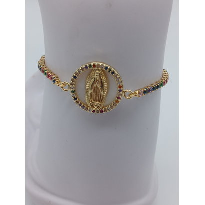 Our Lady of Guadalupe Gold Plate on Mother of Pearl Slip Knot Bracelet with Colored Rhinestones