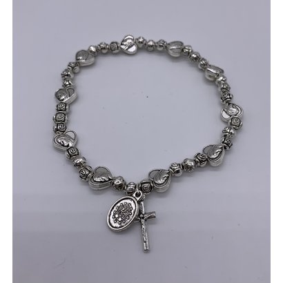 Praying Madonna Silver Stretch Bracelet with Silver Rosebud Beads