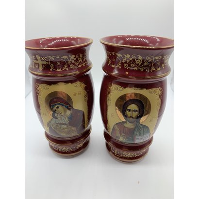 Red 2 Sided Madonna & Child Christ the Teacher Byzantine Greek Icon Ceramic Vase 6 1/2"x3 1/2