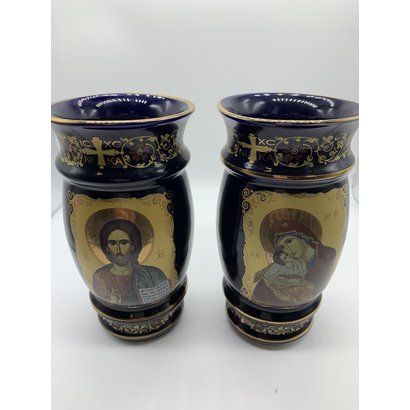 Blue 2 Sided Madonna & Child Christ the Teacher Byzantine Greek Icon Ceramic Vase